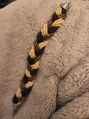Braided Beaded Bracelet - Yellow, Dark Brown & Gold